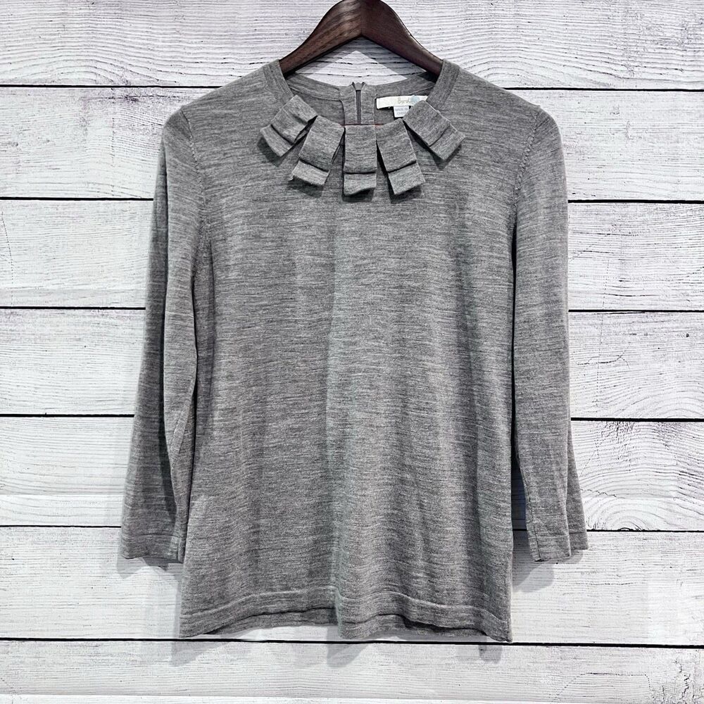 Boden 100% Grey Wool Fringe Crew Neck 3/4 length Sleeve Sweater Size 10